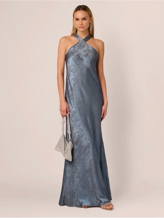 Adrianna Papell Dresses & Skirts - NWT ADRIANNA FOILED SATIN MERMAID GOWN HALTER NECKLINE FRENCH BLUE
